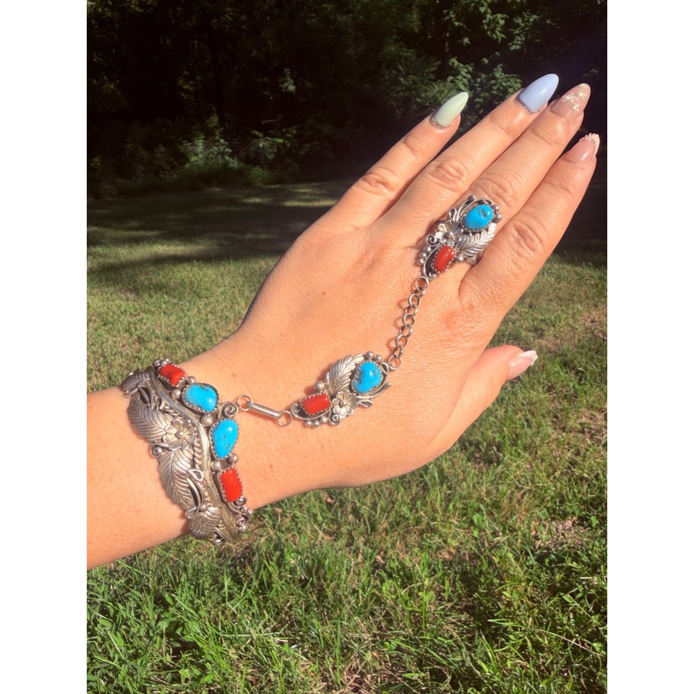 Vintage Native American Sterling Silver Turquoise Coral Bracelet Ring Signed